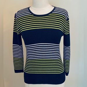 Liz Claiborne LizSport Blue White Neon Green Striped Ribbed Knit Cotton Top SZ S